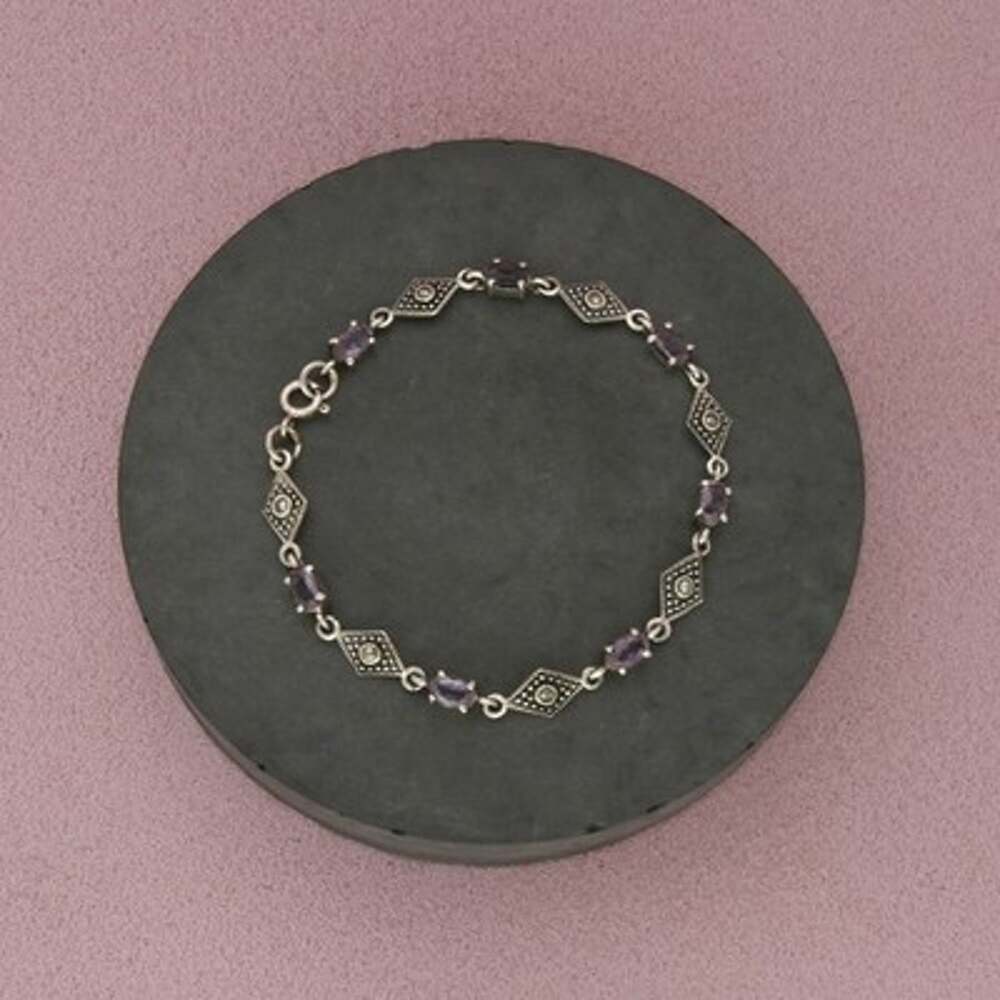 Sterling Silver Gray Marcasite & Oval Amethyst Link Bracelet Size 6.75in